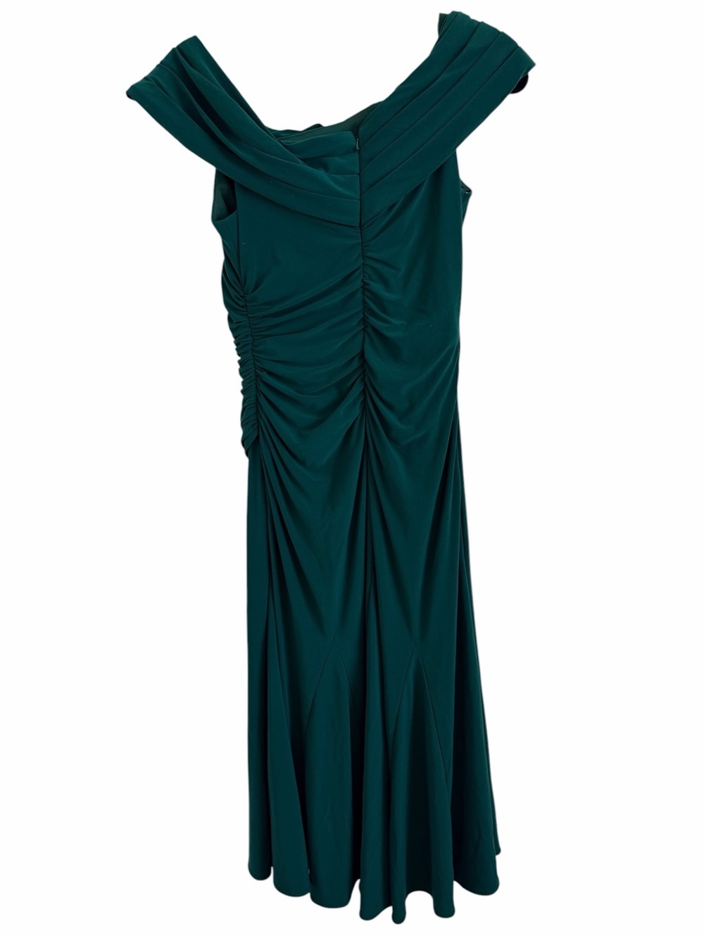 Mac Duggal IEENA Off-Shoulder Emerald Green Midi Dress with Side Slit & Ruching - Picture 6 of 12